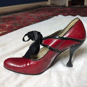 Audrey by Fluevog -  Cherry Red patent leather heels with black sequined piping